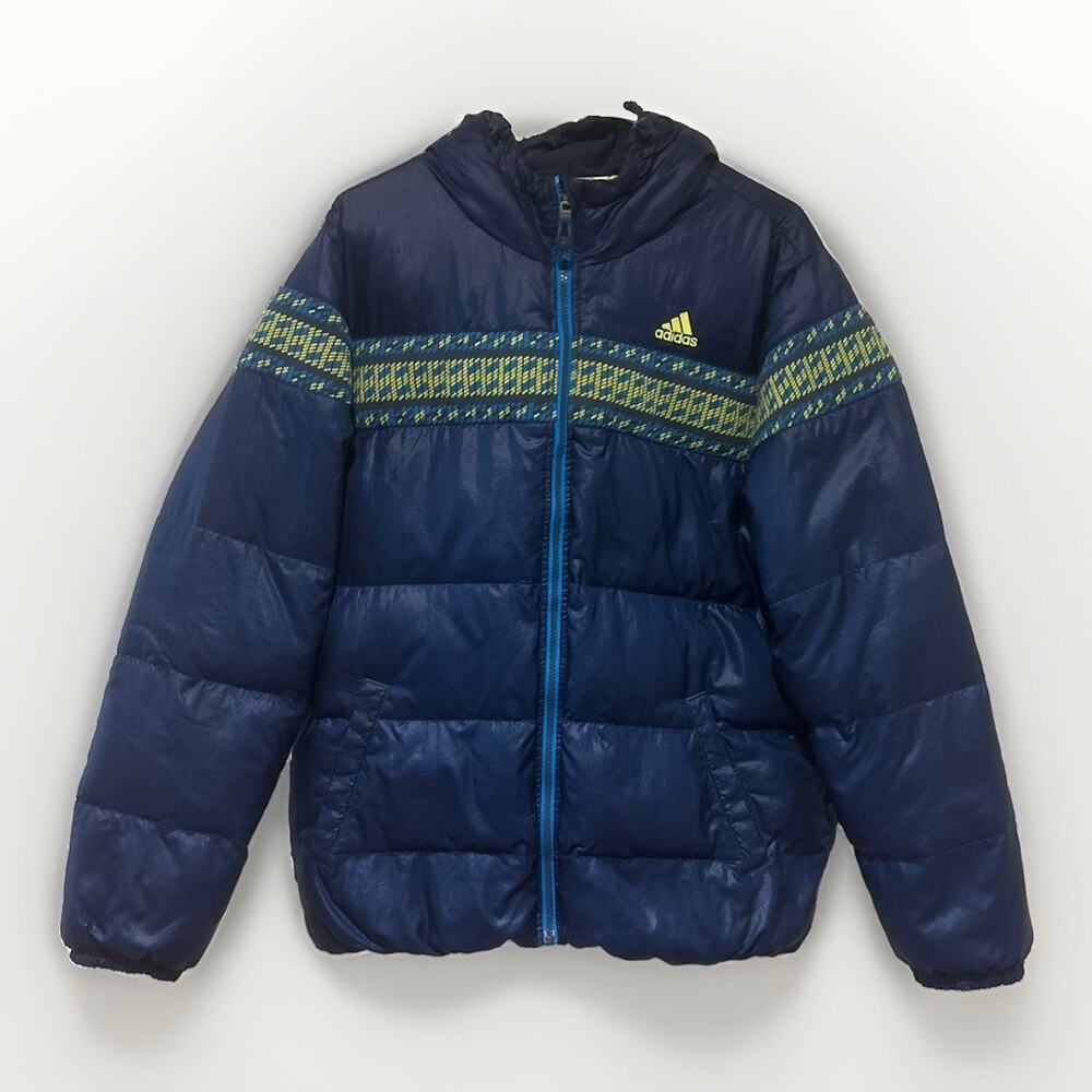 VTG Adidas Puffer Jacket Mens XL Fits M/L Blue Aztec Geometric Winter Down Coat